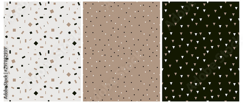 Abstract Seamless Vector Patterns. Black and White Dots and Geometric Elements Isolated on a Gray and Brown Background. Light Brown and White Triangles on a Dark Green Layout. Simple Dotted Print.