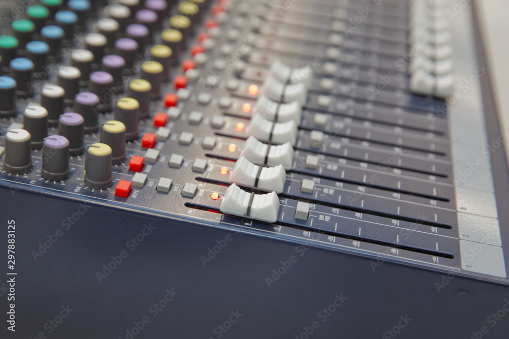Picture of Musical amplifier Sound amplifier or Music mixer with Knobs, Jack holes and Mic connectors . The part of Musical amplifier Sound amplifier or Music mixer with Knobs and Jack holes .