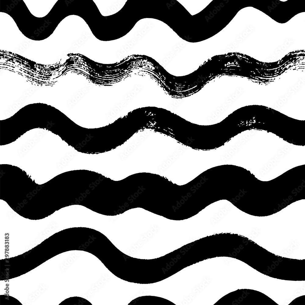 Wavy hand drawn seamless pattern. Dry paint waves doodle drawing. - obrazy, fototapety, plakaty 