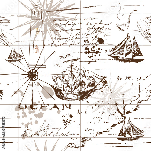 Vector abstract seamless background on the theme of travel, adventure and discovery. Old hand drawn map with vintage sailing yachts, wind rose, routs, nautical symbols and handwritten inscriptions