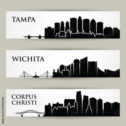 Cities skylines - Tampa, Wichita, Corpus Christi Florida, Kansas, Texas United States of America USA - isolated vector illustration