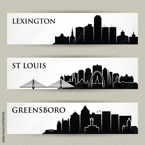 United States of America cities skylines - USA, Lexington Kentucky, St Louis Missouri, Greensboro North Carolina - isolated vector illustration