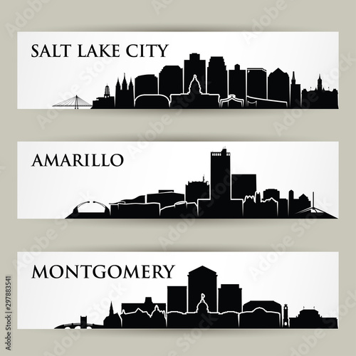 United STates of Amerca cities skylines - Salt Lake City, Utah, Amarillo, Texas, Montgomery, Alabama - isolated vector illustration
