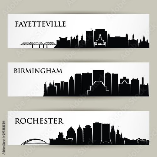 United States of America cities skylines - Fayetteville, Birmingham, Rochester, North Carolina, Alabama, New York - isolated vector illustration photo