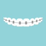 Teeth with braces. Alignment of bite of teeth, dental row with with braces, Dental braces. Vector illustration.