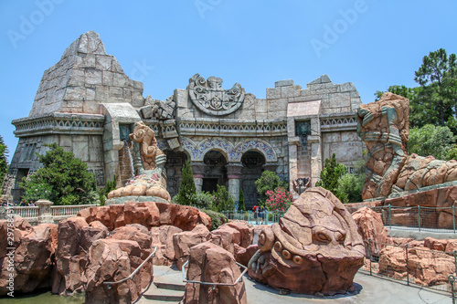 Orlando, Florida, USA, July 31, 2019: Poseidon's Fury, a sober temple attraction of a battle between the gods of Greek mythology: Poseidon and Zeus, projection effects, laser, fireballs and water.