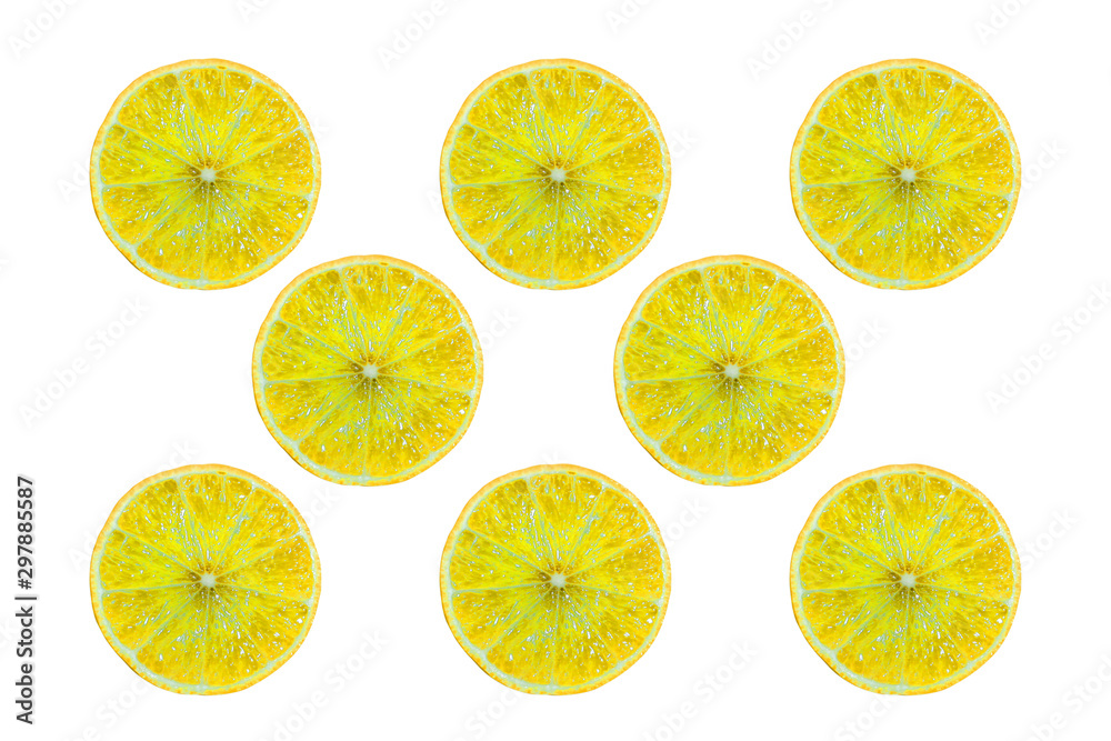 Colorful lemons slice isolated on white backgroud, Top view.