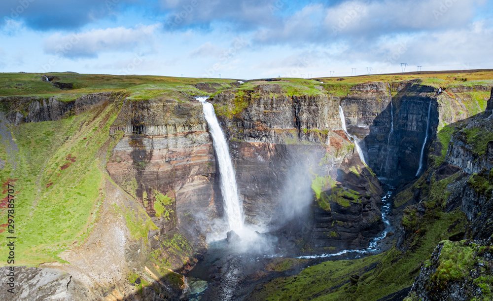 Fototapeta premium View of the landscape of the Haifoss waterfall in Iceland. Nature and adventure concept background.