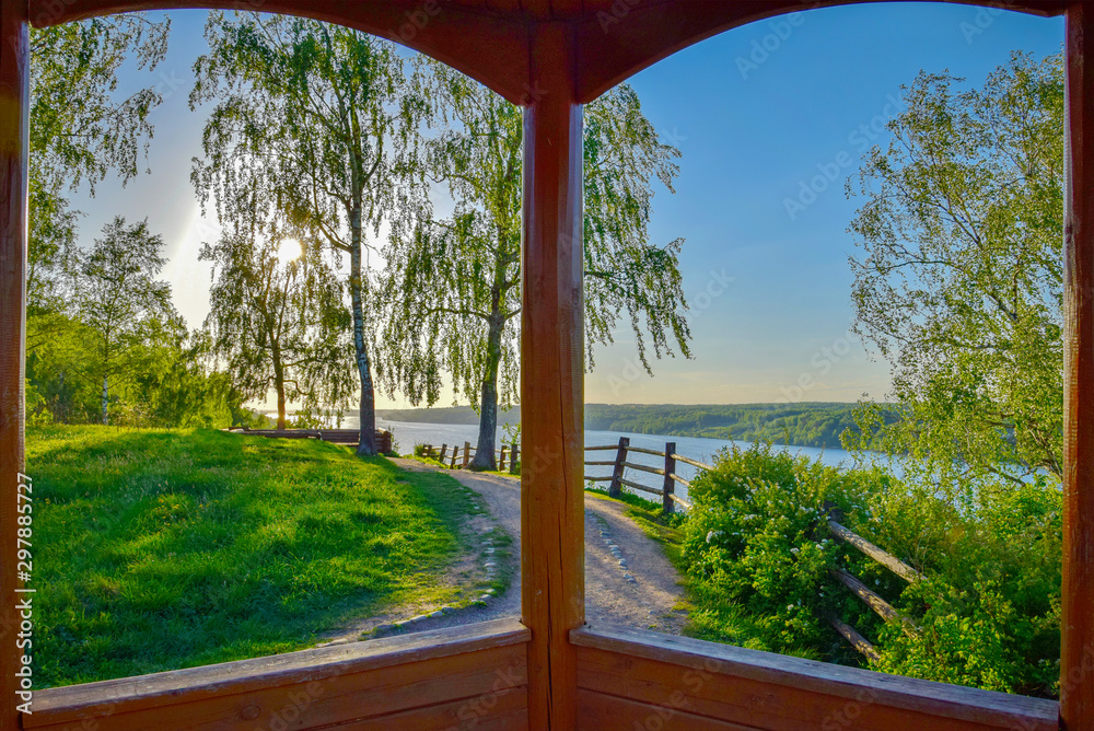 Volga river landscape through a wooden window viewpoint in Plyos