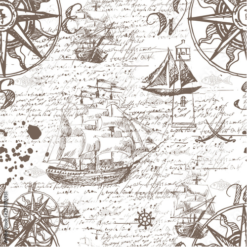 Vector abstract seamless background on the theme of travel, adventure and discovery. Old hand drawn map with vintage sailing yachts, wind rose, routs, nautical symbols and handwritten inscriptions