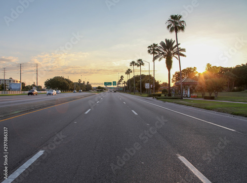 Celebration, Orlando, Florida, USA, October 27, 2019: Highways and avenues, city planning projects, signage pass through the city's main neighborhoods, connected to Walt Disney World parks and resorts © Box Lab
