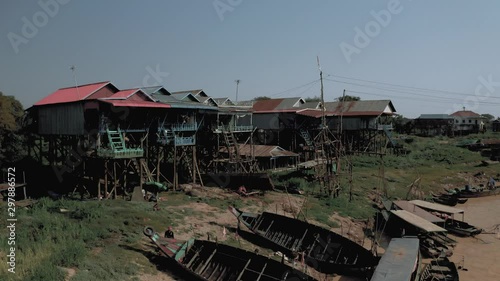 Drone flight over the river in Floating Village in Cambodia, Pean Bang, Tonle Sap Lake 4k