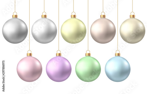Realistic gold, silver, blue, green, pink, purple Christmas balls.
