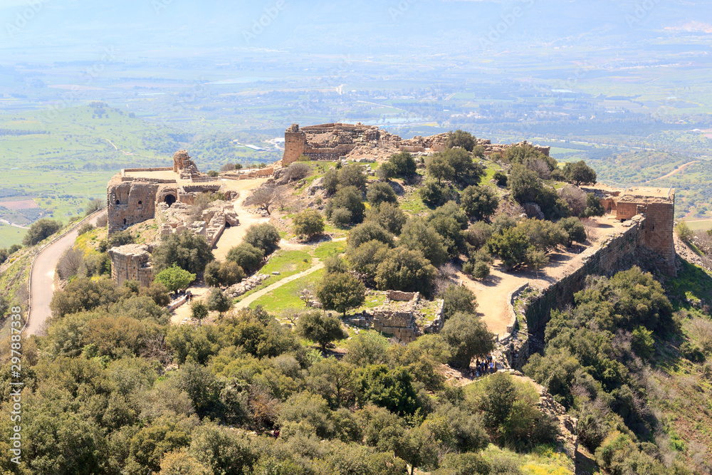 Castle Nimrod Fortress and street on Golan Heights in Israel