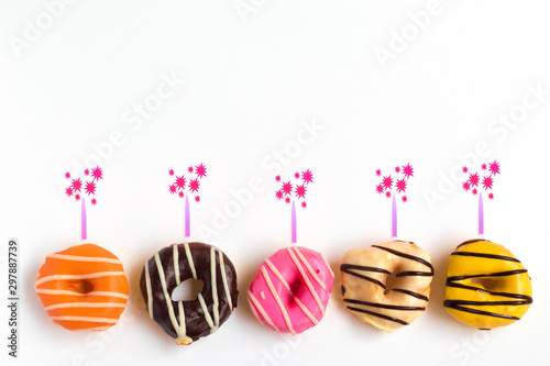 Donuts Set on White Background. You get different type of donuts. Birthday concept.