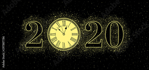 New Year gold Clock 2020. isolated on black background