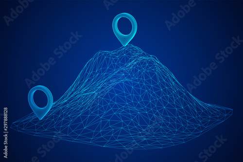 Geo map pin on mountain peak top. Place symbol GPS pictogram. Wireframe low poly mesh vector illustration