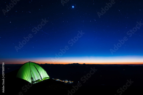 Tent at night on the mountain. 