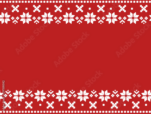Christmas border with traditional geometric ornament on red background. Merry Christmas wrapping paper. Fair isle style pattern. Happy New Year design. Winter holiday texture. Vector illustration