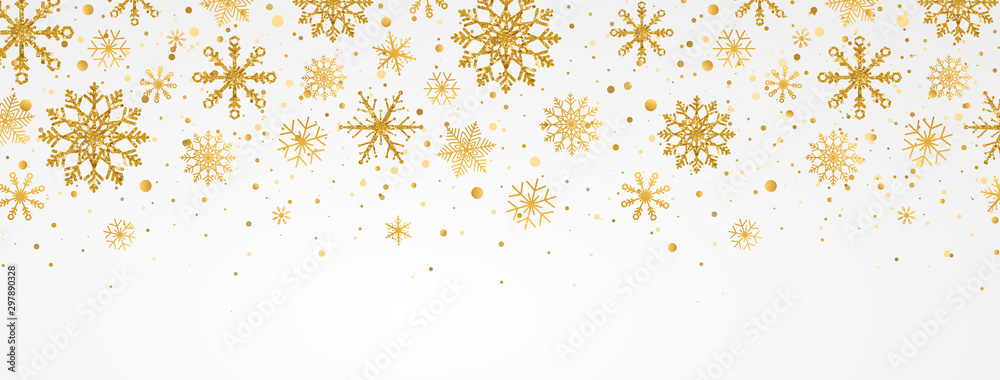 Fototapeta Złote płatki śniegu spadające na białym tle. Złote płatki śniegu granicy z różnymi ornamentami. Luksusowa girlanda świąteczna. Zimowa ozdoba na opakowania, karty, zaproszenia. Ilustracji wektorowych