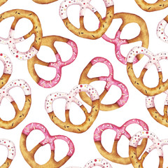 Acrylglasbilder Aquarell-Muster-Set 1 Pretzels hearts. St. Valentine day. Seamless pattern. Love. Food. Perfect for greetings, invitations, manufacture wrapping paper, textile and web design. Watercolor seamless pattern.  © BloomPix