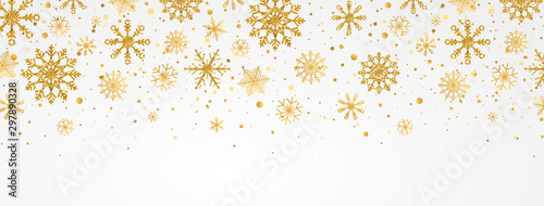 Gold snowflakes falling on white background. Golden snowflakes border with different ornaments. Luxury Christmas garland. Winter ornament for packaging, cards, invitations. Vector illustration photo