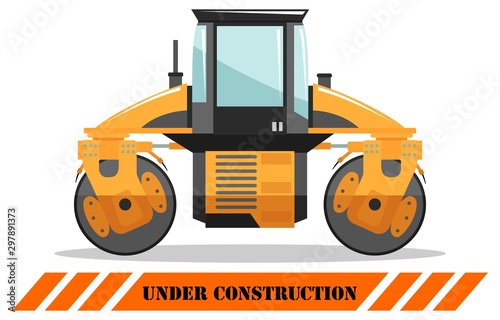 Compactor. Detailed illustration of heavy construction machine and equipment. Vector illustration.
