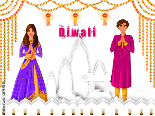 vector illustration of Indian family people celebrating Happy Diwali festival holiday of India