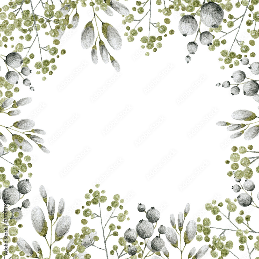 green and gray leaves branches and flowers, drawing in pencil background green and gray leaves branches and flowers, drawing in pencil background