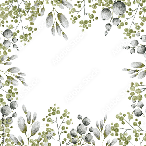 green and gray leaves branches and flowers, drawing in pencil background