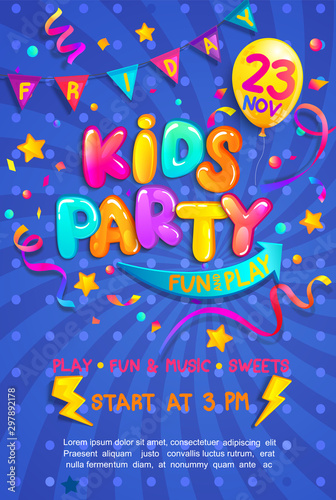 Kids party vertical banner with confetti,serpentine sparkles for greetings,invitations for parties.Place for fun and play, kids game room for birthday party.Poster for children's playroom decor.Vector