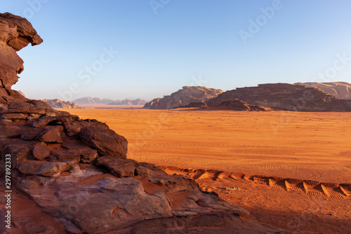 View of Wadi Rum Desert at sunset in Jordan