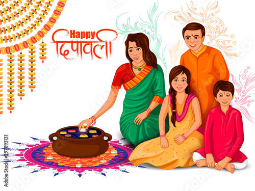 vector illustration of Indian family people celebrating Happy Diwali festival holiday of India