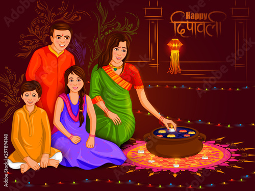 vector illustration of Indian family people celebrating Happy Diwali festival holiday of India