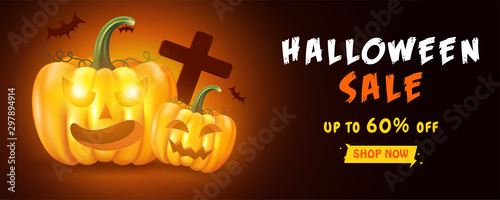 Creative vetor illustrtion banner design on halloween sale, upto 60% off sale on halloween night.