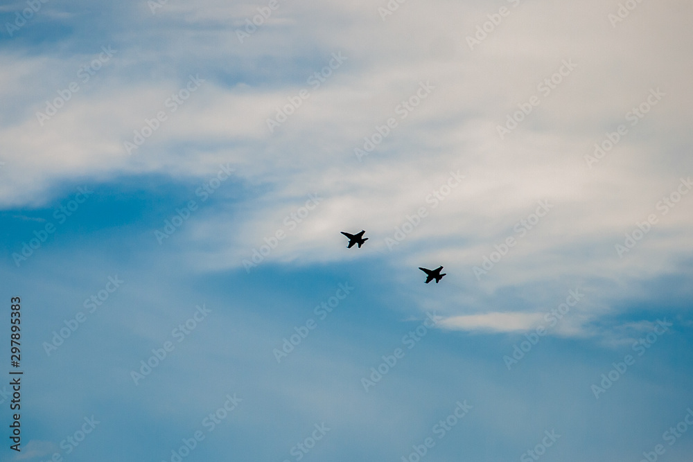 Two Spanish fighters in training (McDonnell Douglas EF-18 Hornet) after flying over the city of Madrid on October 12