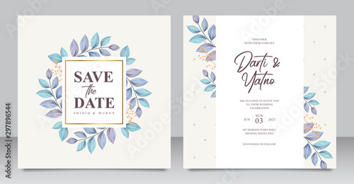 Elegant wedding invitation card with beautiful leaves aquarel