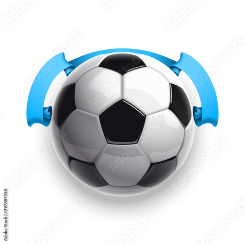 Football championship Design banner. Illustration banner with logo Realistic soccer ball and a blue stripe Isolated on white background. black and white classic leather football ball with ribbon