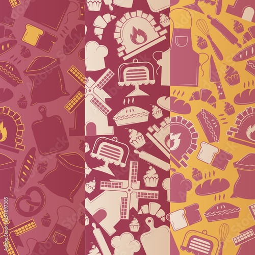 Bakery icons seamless pattern, vector illustration. Bakehouse symbols, fresh bread and tasty cakes. Graphic pastry items, wrapping paper for bakeshop packages print