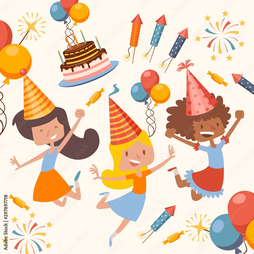 Children birthday party, vector illustration. Happy girls jumping and  dancing, cute cartoon characters. Friends celebrating birthday together  Stock Vector | Adobe Stock