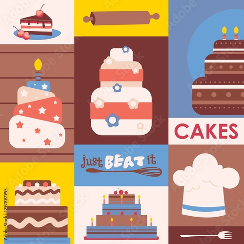 Cakes collage, vector illustration. Colorful stickers in flat style, culinary class brochure cover, bakery poster. Simple icons of chocolate and cream cakes