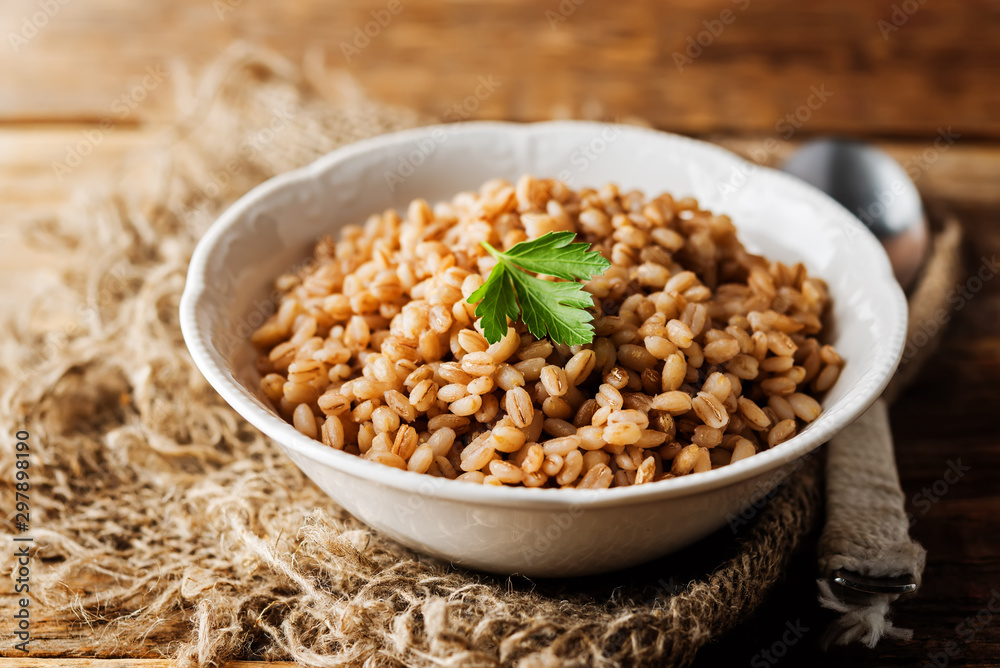 Barley porridge decorated with parsley leaves Barley porridge decorated with parsley leaves