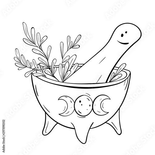 Mortar and Pestle with herbs, triple moon symbol. Witch kitchen. Hand drawn line art.