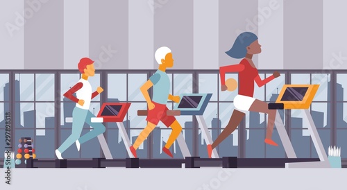 Fitness gym vector illustration. People running on treadmills sport center, cardio exercise class. Active fit man and woman in urban fitness studio, healthy lifestyle