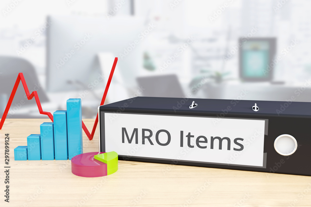 MRO Items – Finance/Economy. Folder on desk with label beside diagrams. Business/statistics. 3d rendering - obrazy, fototapety, plakaty 