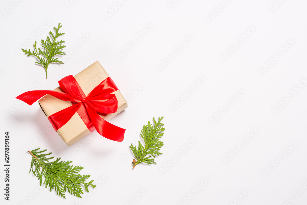 Christmas flat lay background with decorations on white.