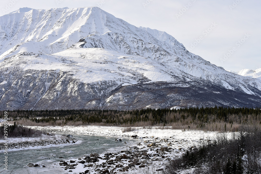 Alaska mountains and stream in winter