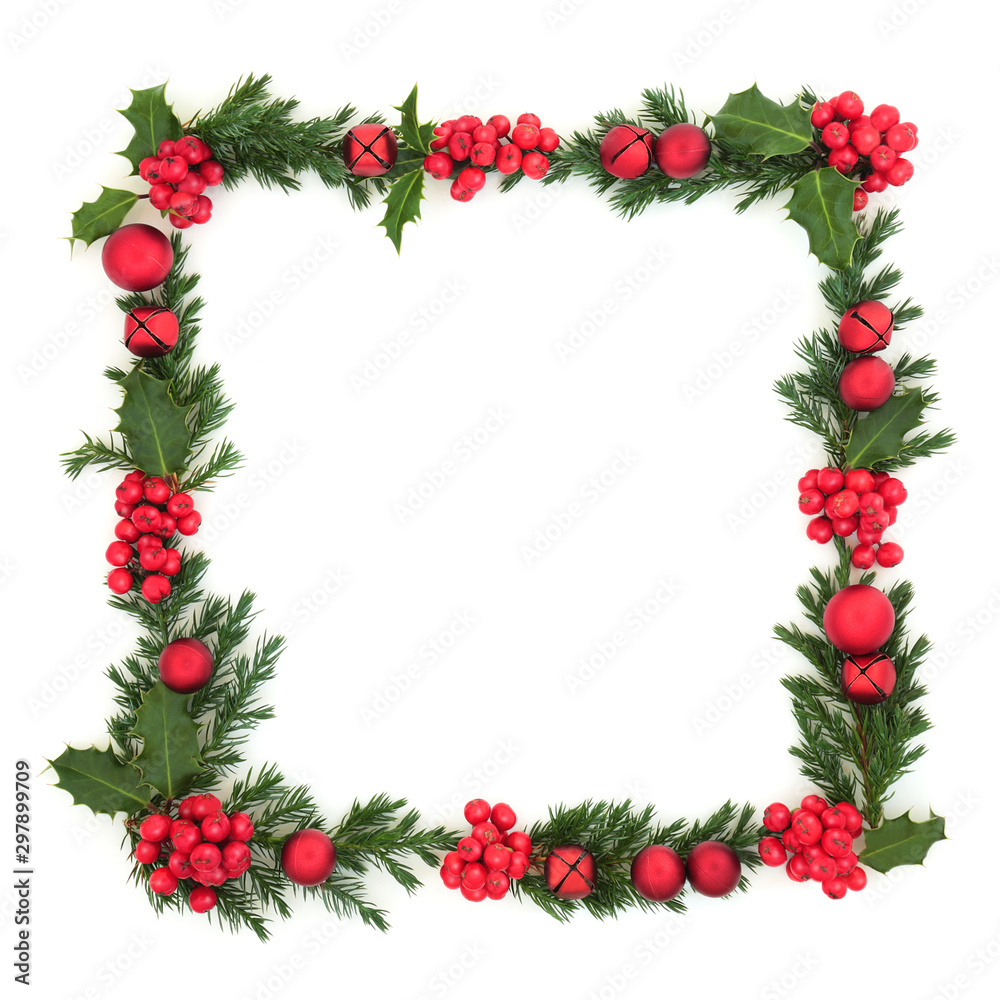 Christmas And Winter Background Border With Fir And Red Ball