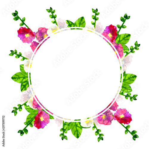 Round template. Pink purple mallow with leaves. White mallow. Hand drawn watercolor illustration. Isolated on white background.