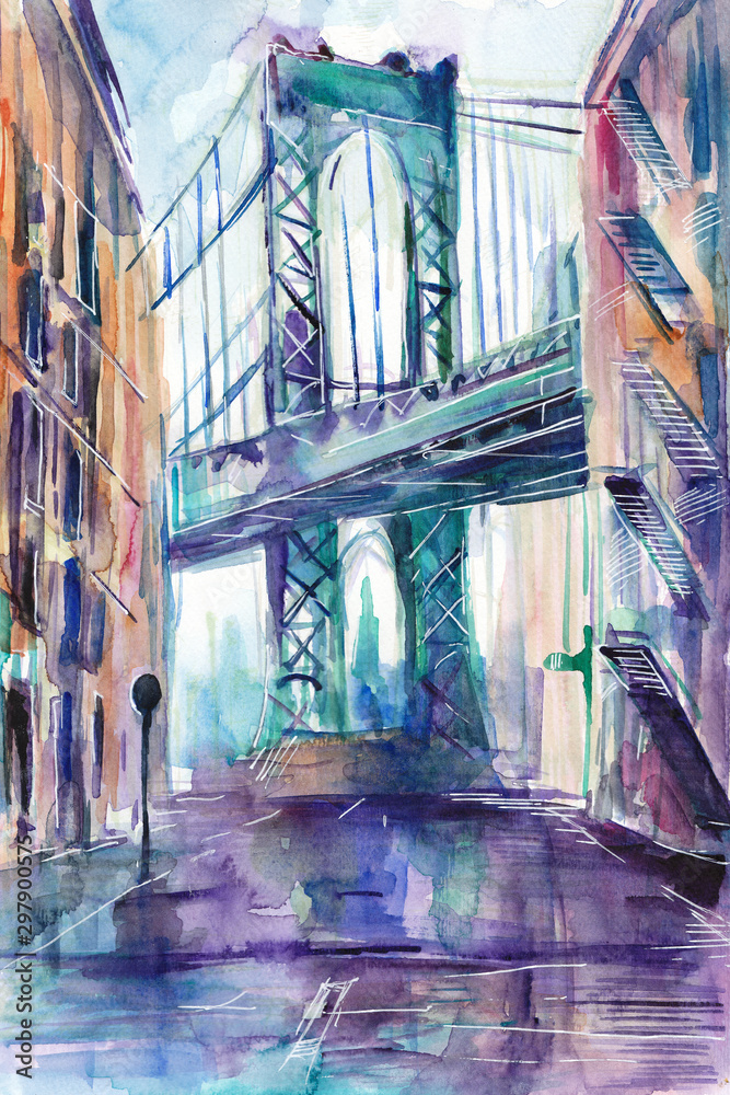 Obraz malowany recznie akwarelą przedstawiający ulicę w Nowym Jorku z mostem Brooklińskim w tle - obrazy, fototapety, plakaty 